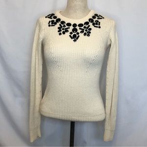 Ann Taylor Petite Cream Sweater With Black Beaded Neckline